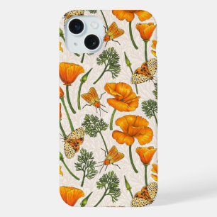 California poppies and moths on off white 2 iPhone 15 plus case