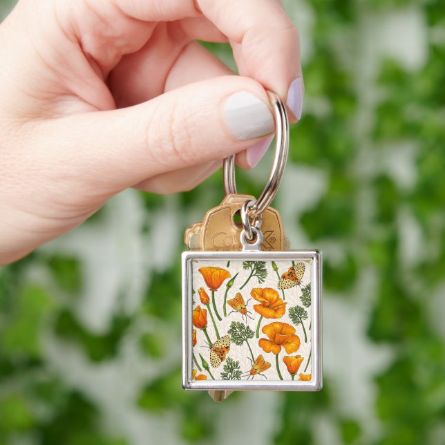 California poppies and moths on off white 2 key ring (Hand)
