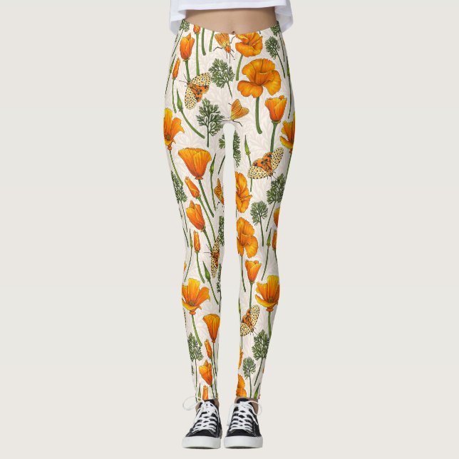 California poppies and moths on off white 2 leggings (Front)