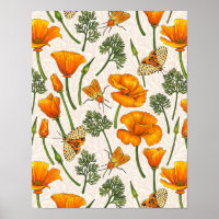 California poppies and moths on off white 2