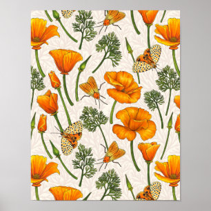 California poppies and moths on off white 2 poster