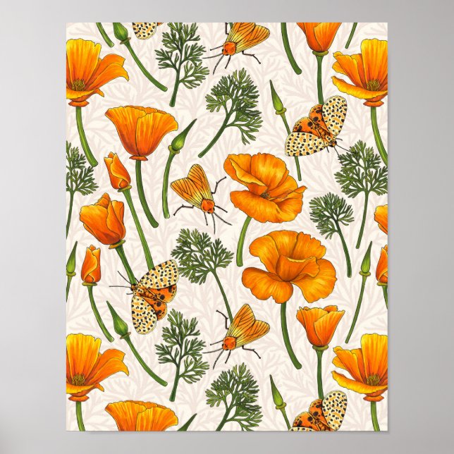 California poppies and moths on off white 2 poster (Front)