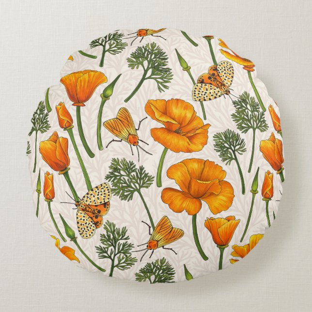 California poppies and moths on off white 2 round cushion (Front)