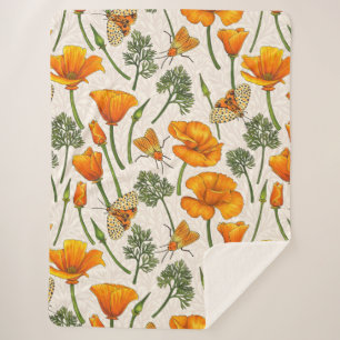 California poppies and moths on off white 2 sherpa blanket