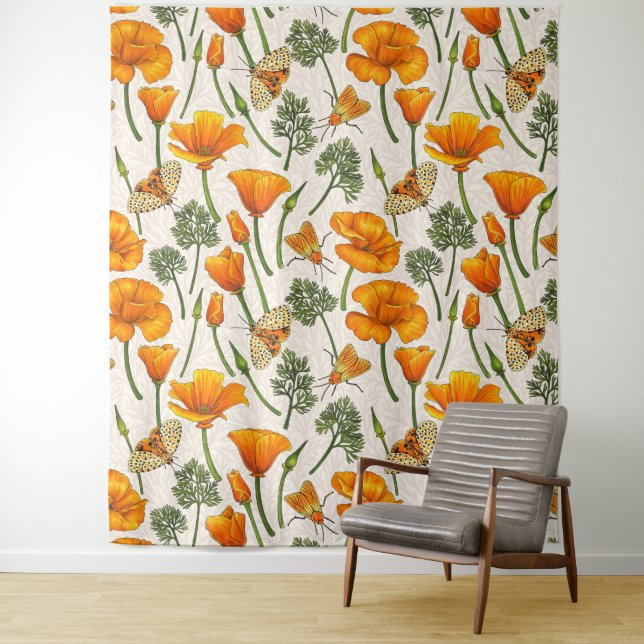 California poppies and moths on off white 2 tapestry (In Situ)
