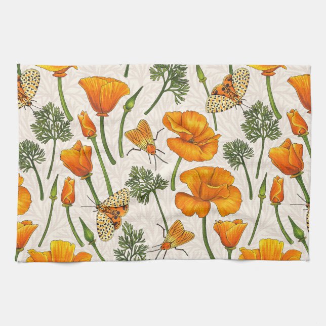 California poppies and moths on off white 2 tea towel (Horizontal)