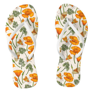 California poppies and moths on off white 2 thongs