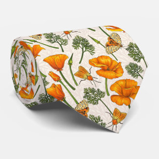 California poppies and moths on off white 2 tie