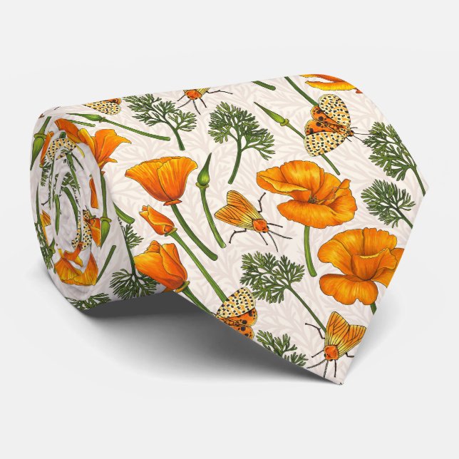 California poppies and moths on off white 2 tie (Rolled)