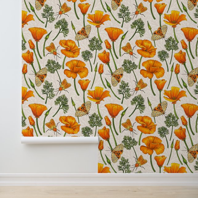 California poppies and moths on off white 2 wallpaper (Application)