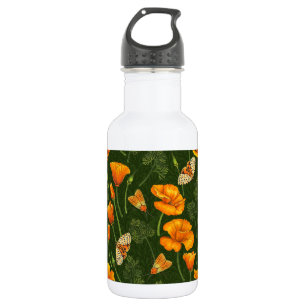 California poppies and moths on off white 532 ml water bottle