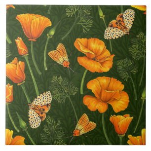 California poppies and moths on off white ceramic tile
