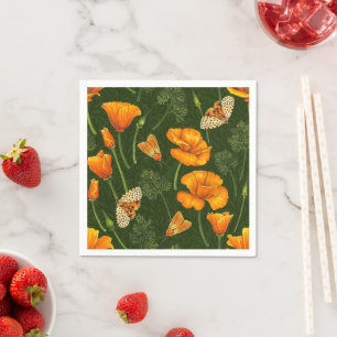 California poppies and moths on off white napkin