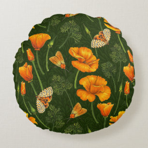 California poppies and moths on off white round cushion