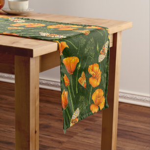 California poppies and moths on off white short table runner