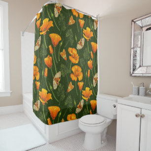 California poppies and moths on off white shower curtain