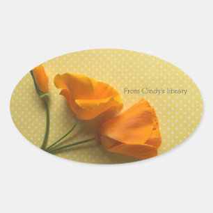 California poppies on yellow and white polka dots oval sticker