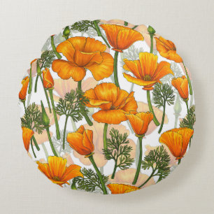 California poppies round cushion