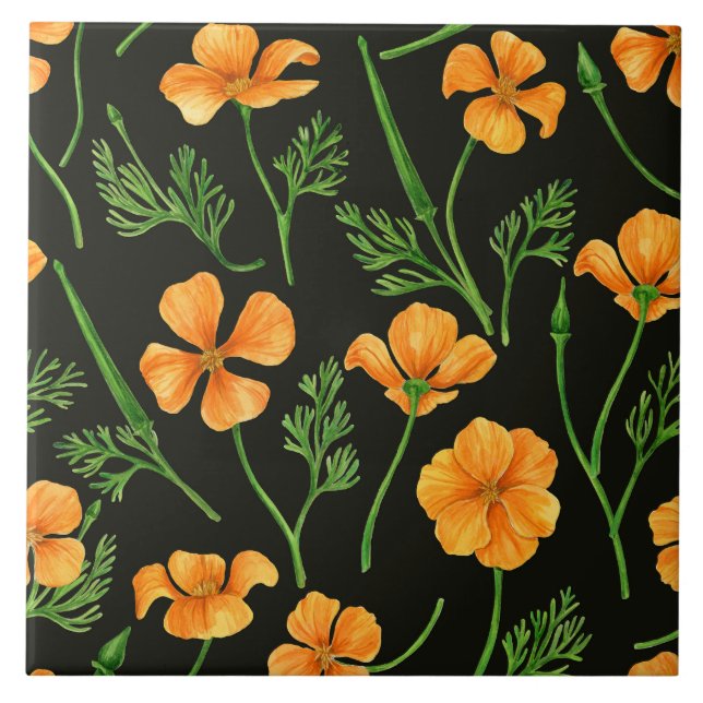 California poppies, summertime flowers, orange wil ceramic tile (Front)