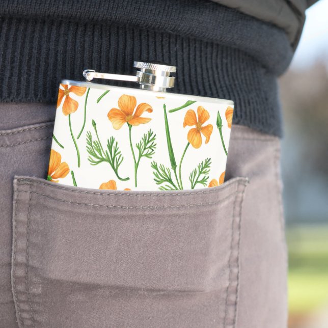 California poppies, summertime flowers, orange wil hip flask (In Situ)