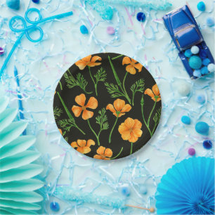 California poppies, summertime flowers, orange wil paper plate