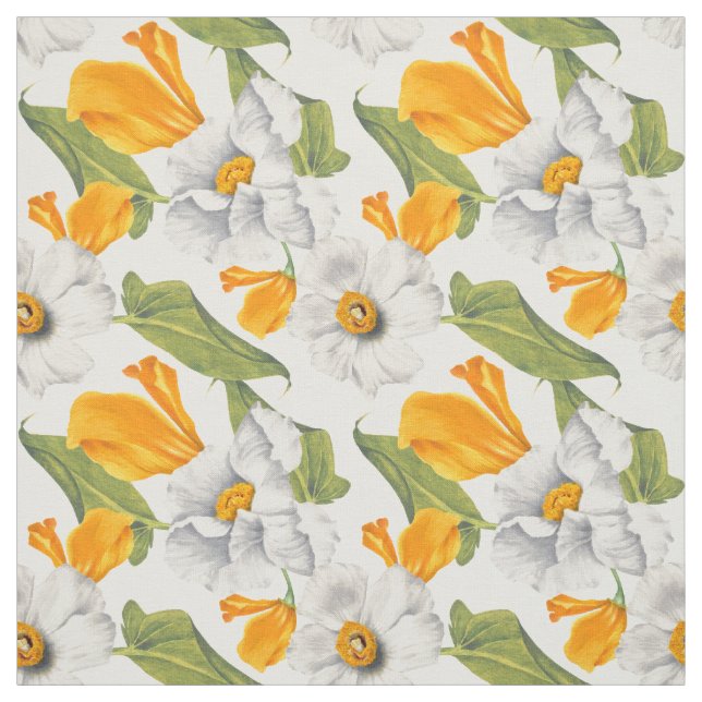 California poppies white daffodils pattern  fabric (Swatch)