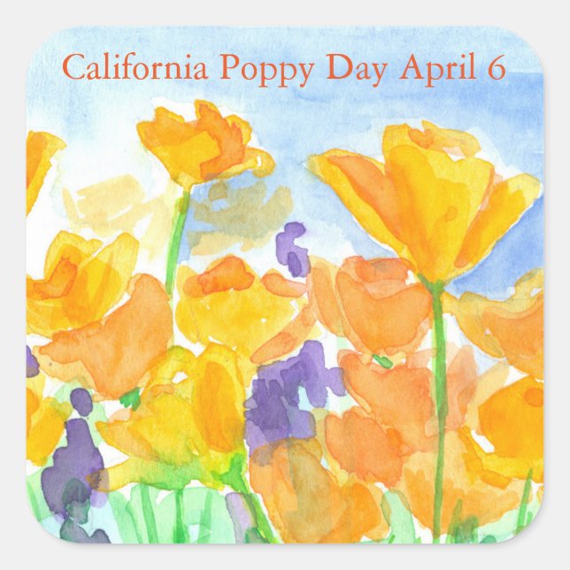 California Poppy Day Watercolor Flowers Square Sticker (Front)