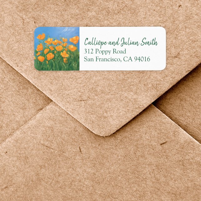 California Poppy Field Painting Return Address Label (Add a bright pop of color with these california poppy flower field return address labels.)
