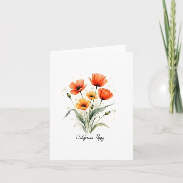 California Poppy Floral Blank Note Card (Front)