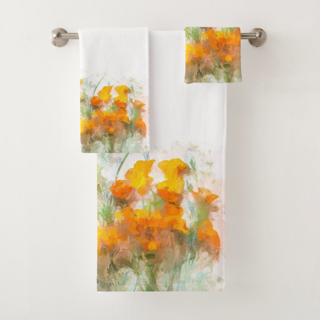 California Poppy Impressionistic Art Bath Towel Set (Insitu)