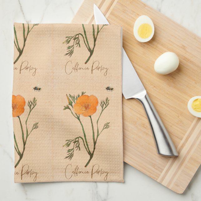 California Poppy Orange  Botanical Wildflower Tea Towel (Quarter Fold)