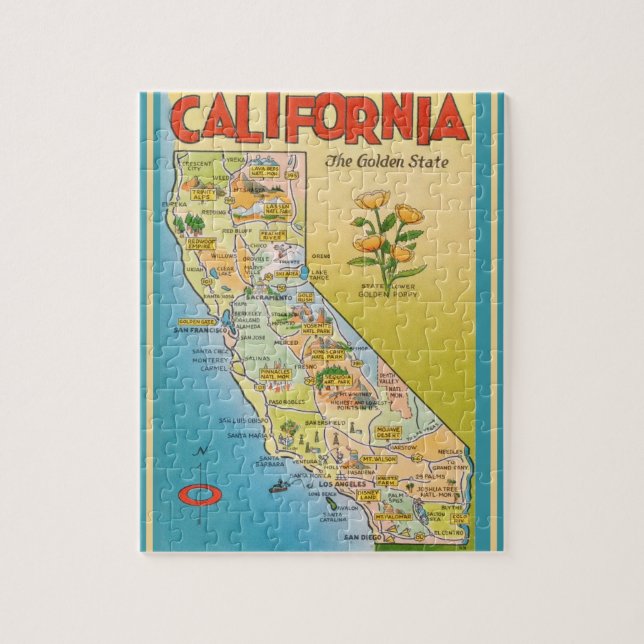California Postcard Map Jigsaw Puzzle (Vertical)