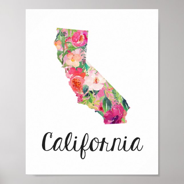 California Print, Floral California Map Poster (Front)