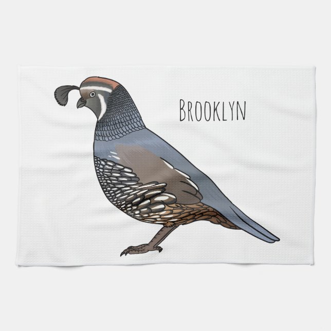 California quail bird cartoon illustration tea towel (Horizontal)
