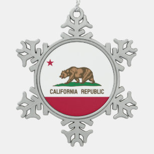 California Republic Bear Flag: Cali Golden State Snowflake Pewter Christmas Ornament