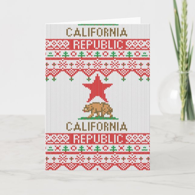 California Republic Bear on Christmas Ugly Sweater Holiday Card (Front)