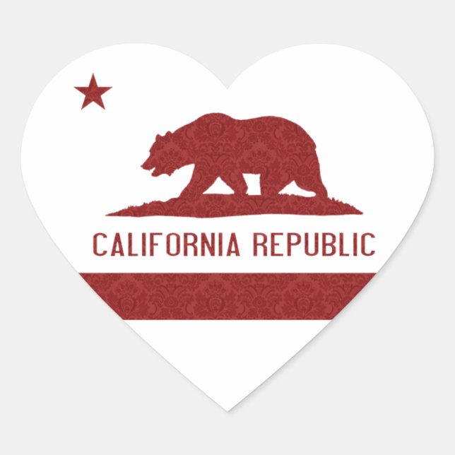 California Republic Flag Damask Pattern Heart Sticker (Front)