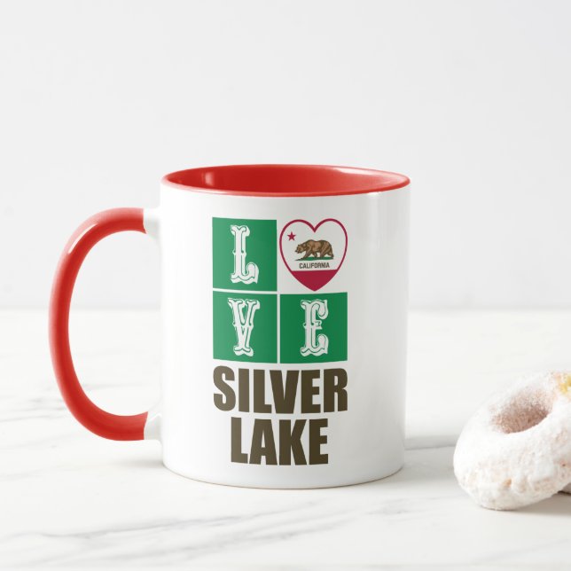 California Republic State Flag Heart Silver Lake Mug (With Donut)