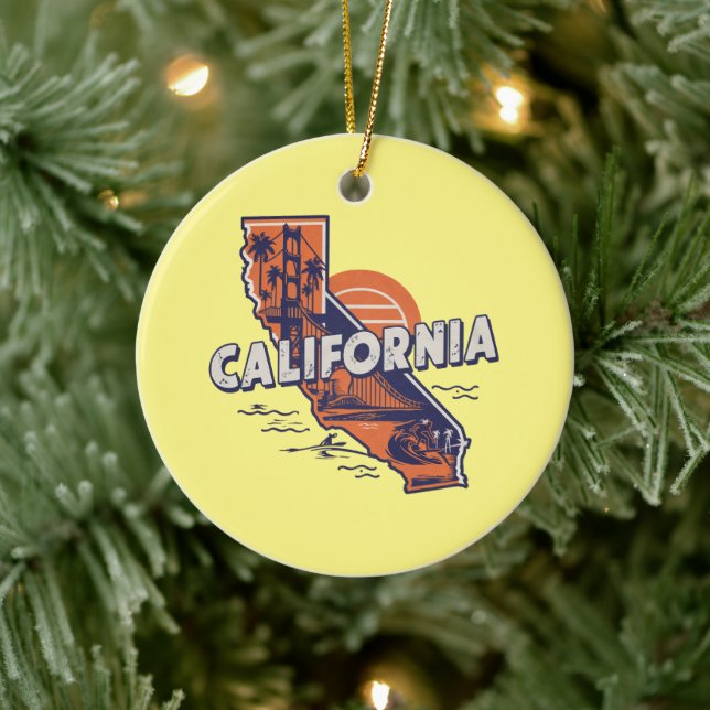 California Retro State Silhouette Customisable Ceramic Ornament (Tree)