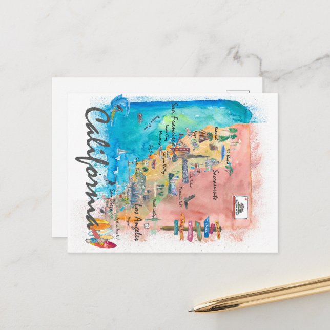 California Retro Travel Map Holiday Postcard (Front/Back In Situ)