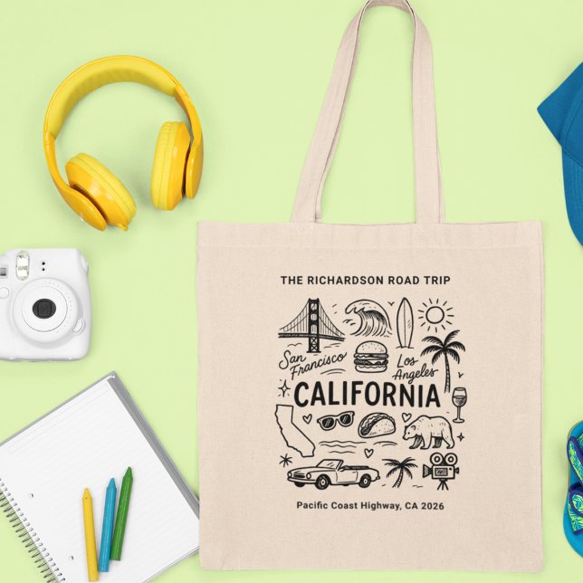 California Road Trip Custom Matching Tote Bag (Edit text as required, add family name, route, year or your own text combination)