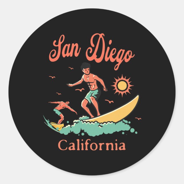 California San Diego Ca Surfer Surfing Beach Vacat Classic Round Sticker (Front)