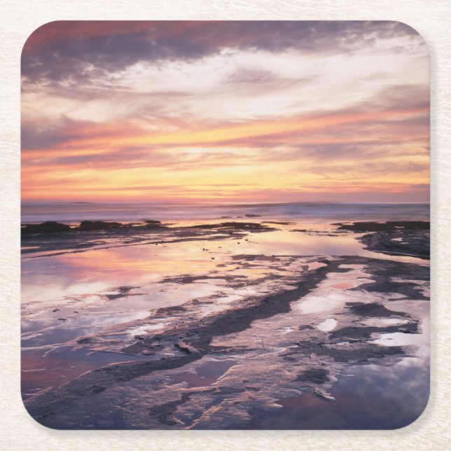 California, San Diego, Sunset Cliffs, Sunset 1 Square Paper Coaster (Front)