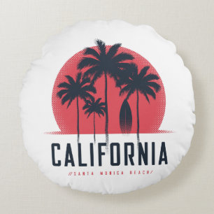 California Santa Monica Beach Retro Palm Tree Round Cushion