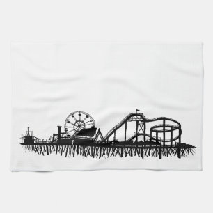 California Santa Monica CA Iconic Pier Silhouette Tea Towel