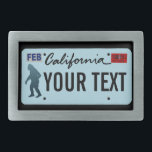 California Sasquatch License Plate Rectangular Belt Buckle<br><div class="desc">The dark silhouette of Sasquatch (Bigfoot) on a blank California license plate. Add your own text. License plates for additional states and other entities (Canadian provinces, foreign countries) upon request. Some people date modern interest to 1958 when large footprints were found in Del Norte County, California by a bulldozer operator...</div>