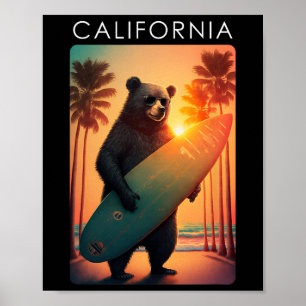 California Shirt Cool Republic Bear Surfing Beach  Poster