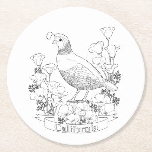 California State Bird and Flower Colouring Page Round Paper Coaster