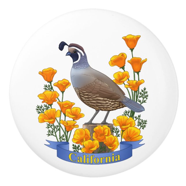 California State Bird Quail & Golden Poppy Ceramic Knob (Front)