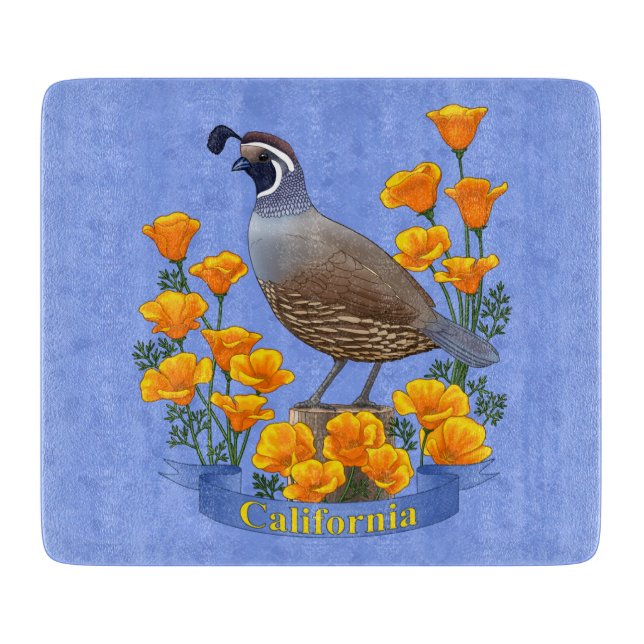 California State Bird Quail & Golden Poppy Cutting Board (Front)